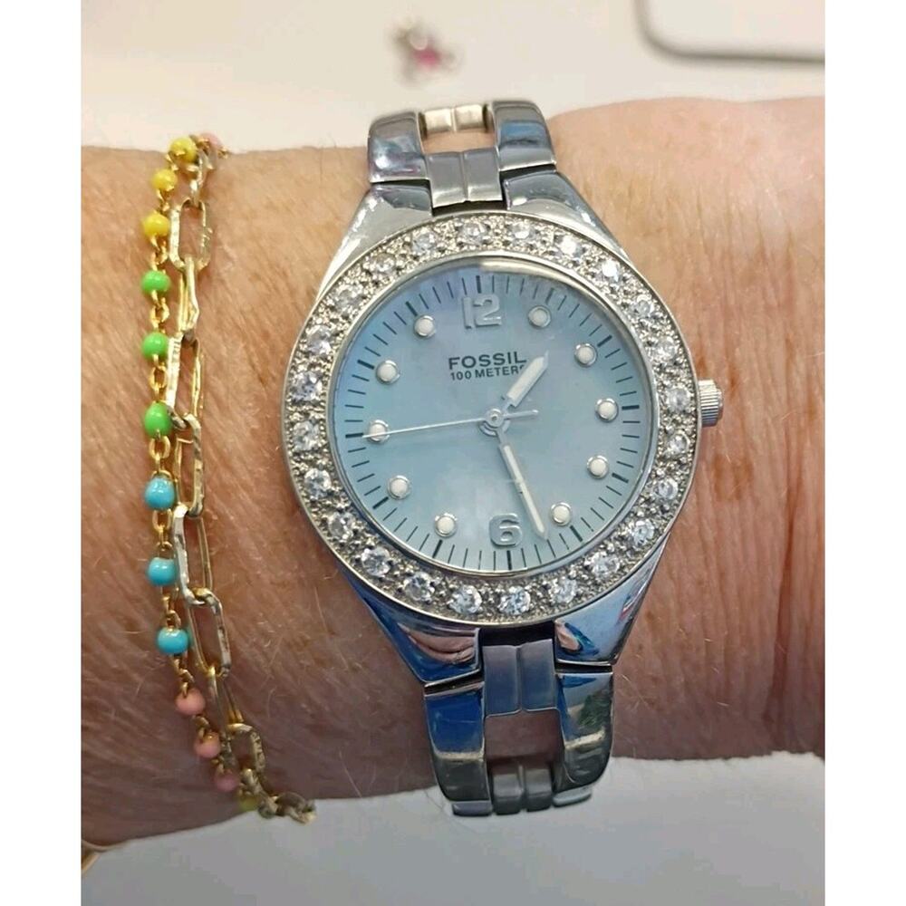 Fossil Watch 29mm Mother Of Pearl Dial Crystals AM-3458 New Battery Fits Upto 8"